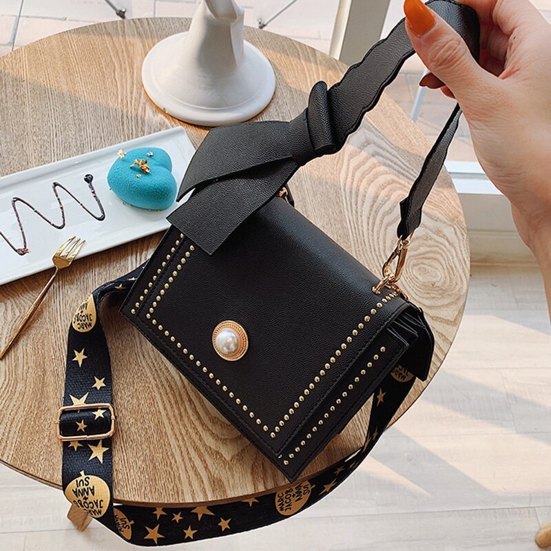 Female Bow Handbag Rivet Shoulder Messenger Bag Fashion Foreign Small Square Bag - ebowsos