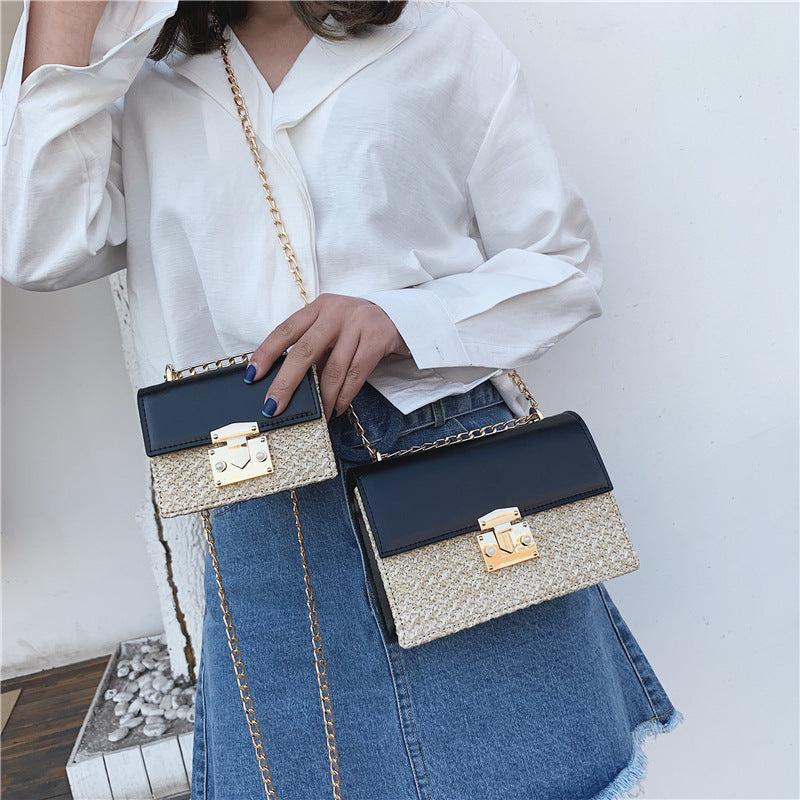 Flip Small Square Bag Summer Fashion New Straw Women'S Handbag Lock Chain Shoulder Messenger Bags - ebowsos