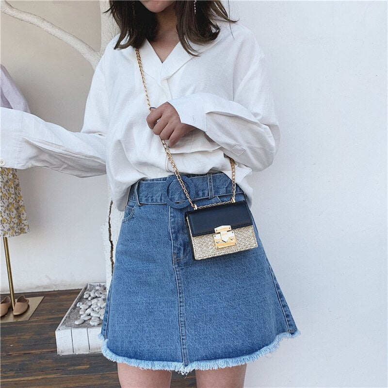 Flip Small Square Bag Summer Fashion New Straw Women'S Handbag Lock Chain Shoulder Messenger Bags - ebowsos