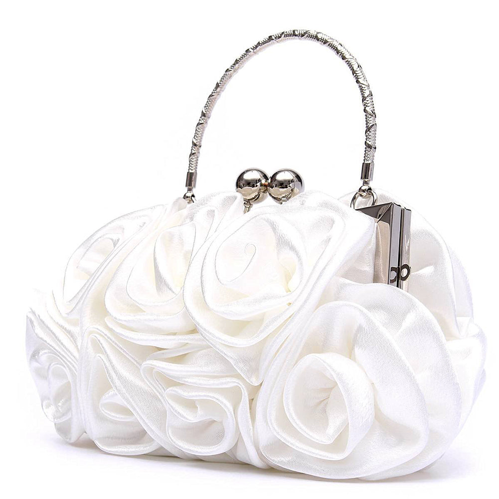 Floral Ladies Clutch Bag Women Evening Party Bag Prom Bridal Diamante Baguette White - ebowsos