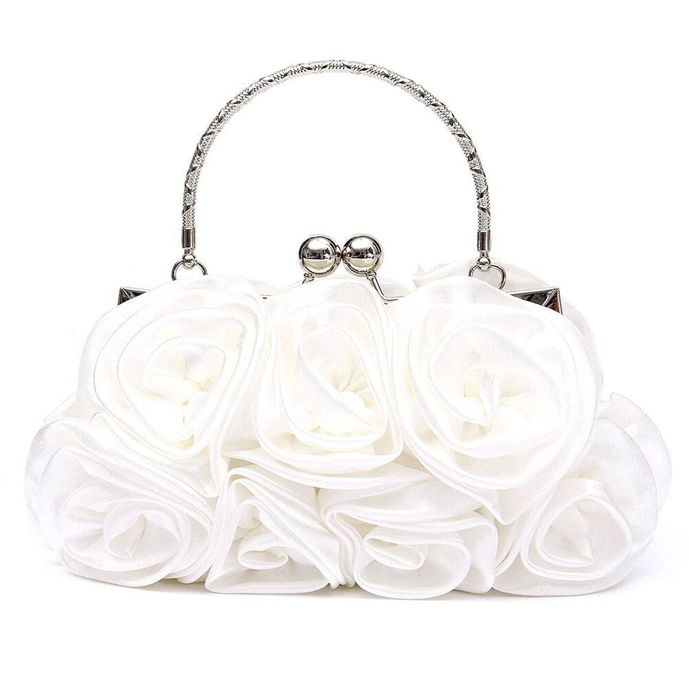 Floral Ladies Clutch Bag Women Evening Party Bag Prom Bridal Diamante Baguette White - ebowsos