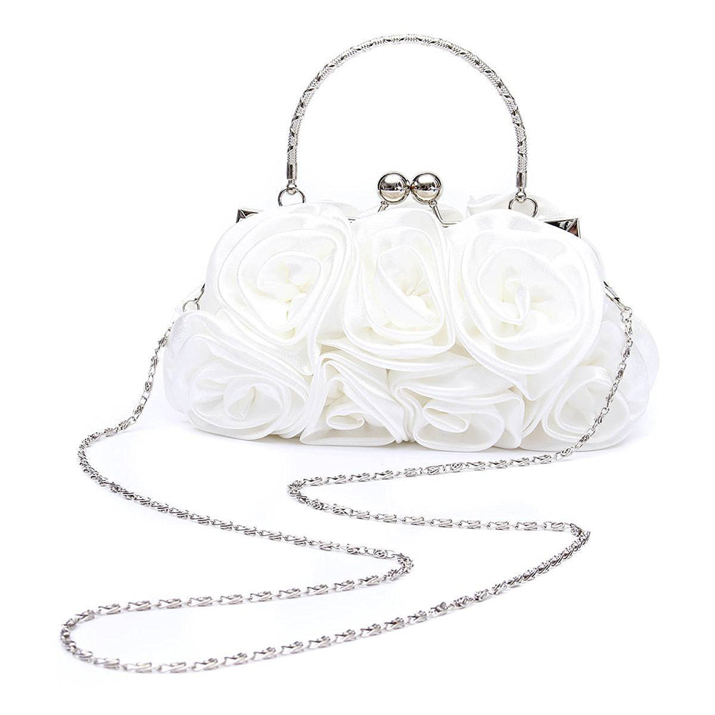 Floral Ladies Clutch Bag Women Evening Party Bag Prom Bridal Diamante Baguette White - ebowsos