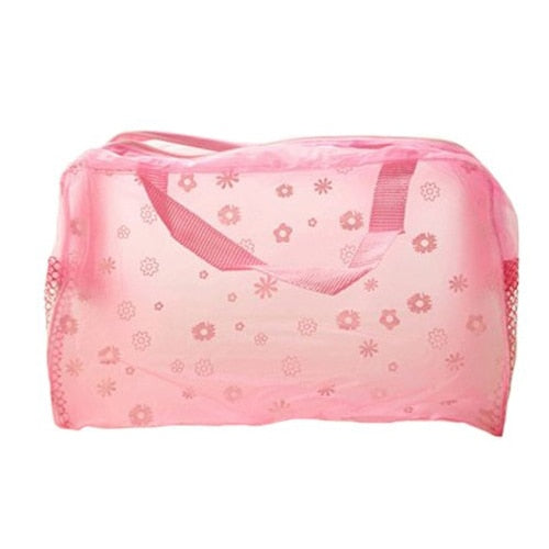 Floral Print Transparent Waterproof Cosmetic Bag Toiletry Bathing Pouch Pink - ebowsos