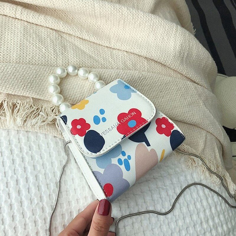 Flower Print Shoulder Small Messenger Handbags Women Pearl Crossbody Bags Handbag Letter Floral Pu Leather Lady - ebowsos