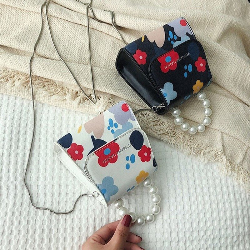 Flower Print Shoulder Small Messenger Handbags Women Pearl Crossbody Bags Handbag Letter Floral Pu Leather Lady - ebowsos