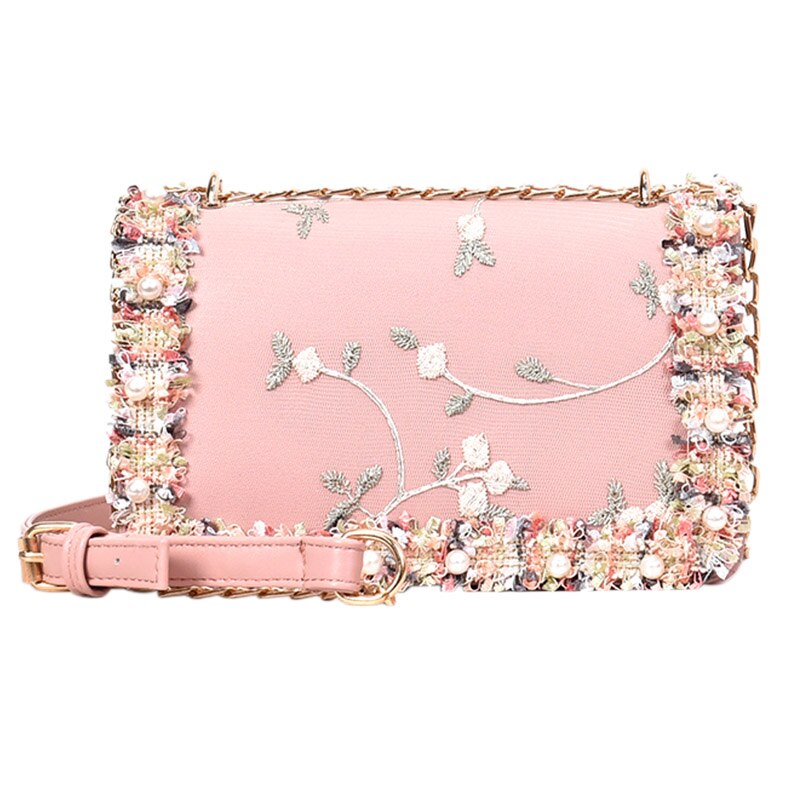 Flowers Women bag New handbag High quality PU Leather Sweet Girl Square bag Flower Pearl Chain Shoulder Messenger Bag - ebowsos