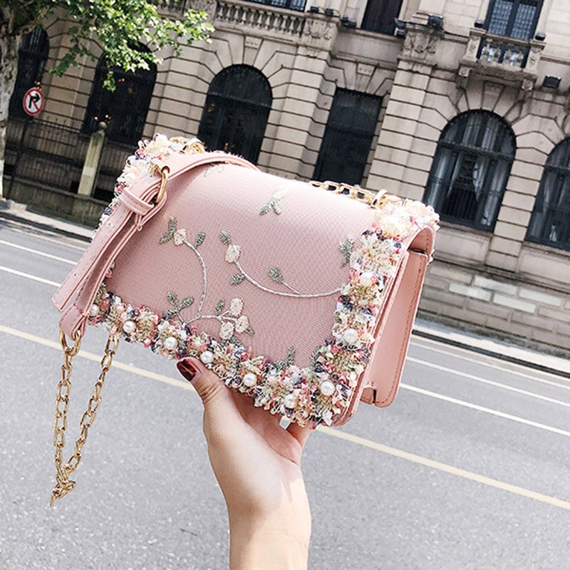 Flowers Women bag New handbag High quality PU Leather Sweet Girl Square bag Flower Pearl Chain Shoulder Messenger Bag - ebowsos