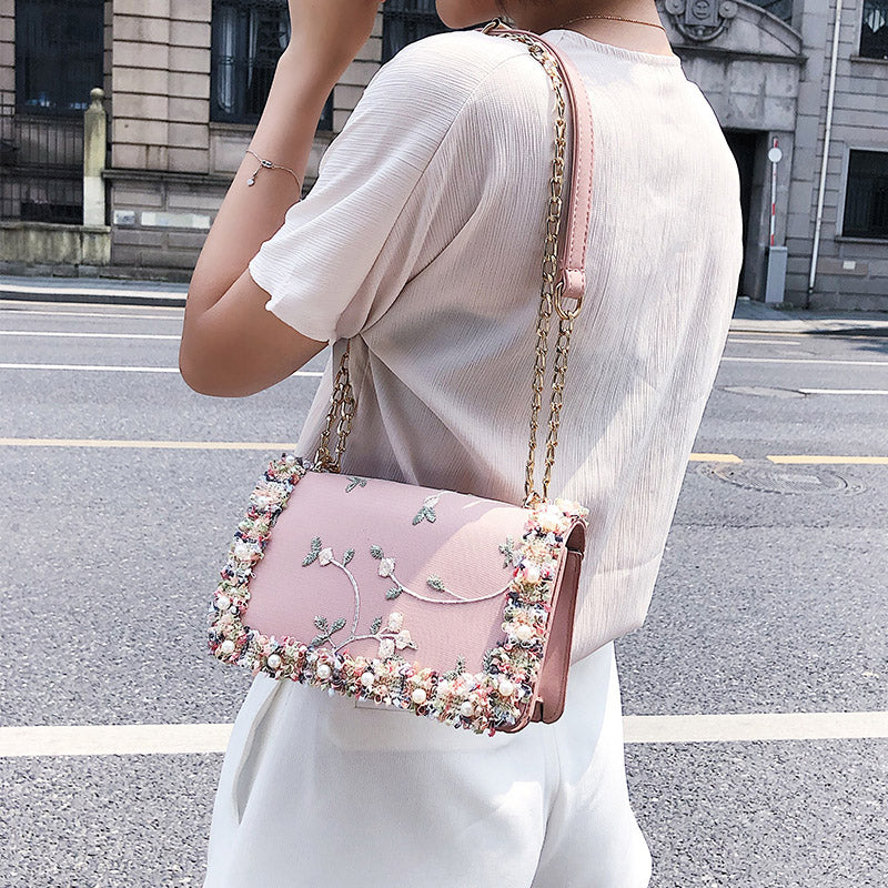 Flowers Women bag New handbag High quality PU Leather Sweet Girl Square bag Flower Pearl Chain Shoulder Messenger Bag - ebowsos