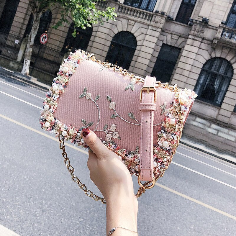 Flowers Women bag New handbag High quality PU Leather Sweet Girl Square bag Flower Pearl Chain Shoulder Messenger Bag - ebowsos