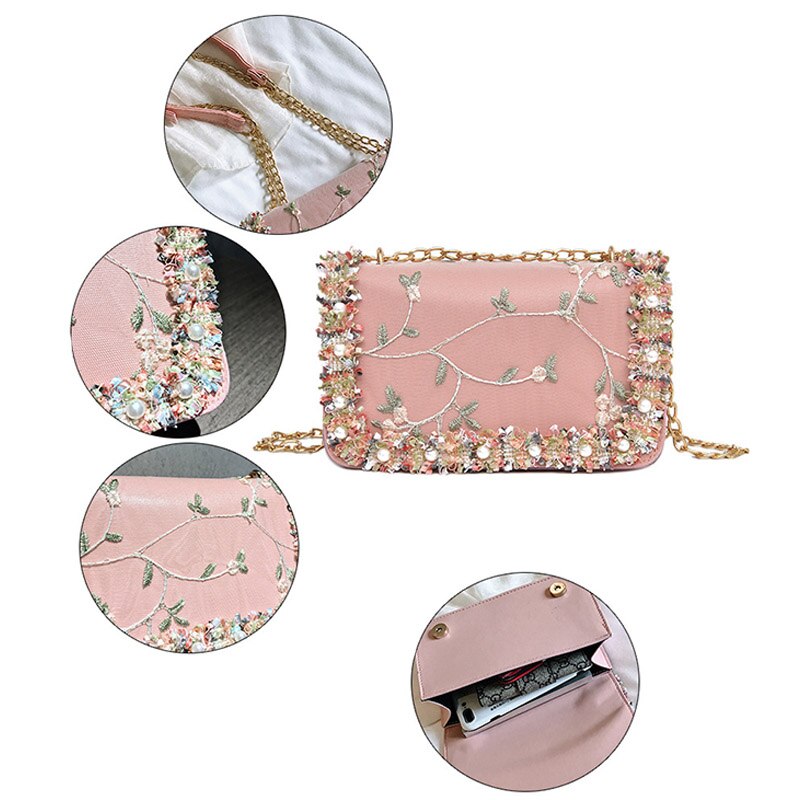 Flowers Women bag New handbag High quality PU Leather Sweet Girl Square bag Flower Pearl Chain Shoulder Messenger Bag - ebowsos