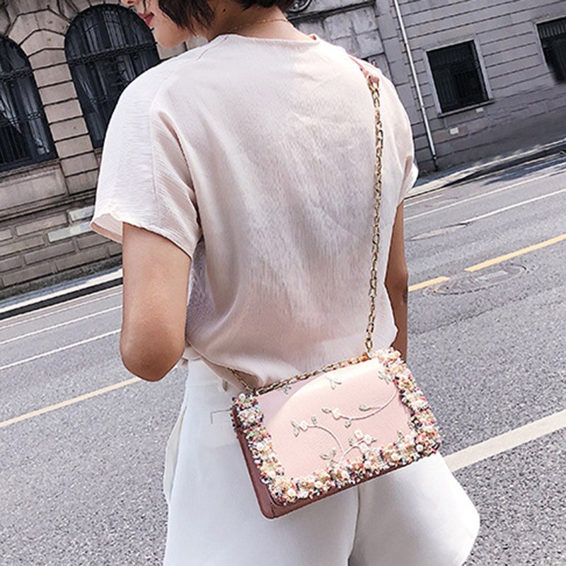 Flowers Women bag New handbag High quality PU Leather Sweet Girl Square bag Flower Pearl Chain Shoulder Messenger Bag - ebowsos