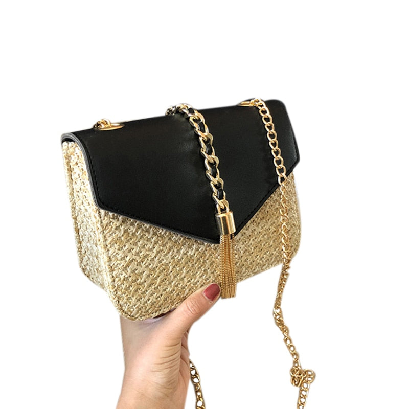 Fringed Chain Small Flap Bag For Women Straw Crossbody Bags Ladies Summer Messenger Shoulder Handbags And Purses - ebowsos