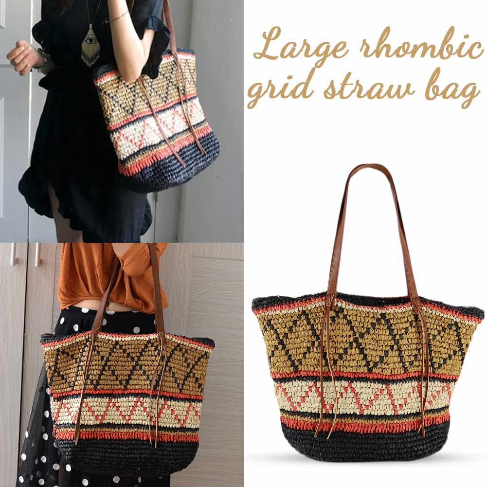 Geometric Pattern Straw Beach Bag Travel Vacation Shoulder Bag Fashion Handbag Handmade Woven Totes High Capacity Bags Fo - ebowsos