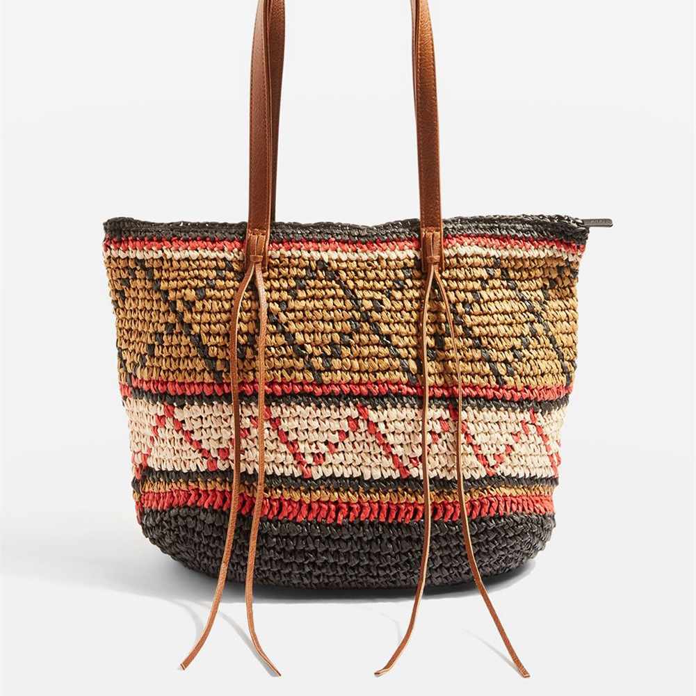 Geometric Pattern Straw Beach Bag Travel Vacation Shoulder Bag Fashion Handbag Handmade Woven Totes High Capacity Bags Fo - ebowsos