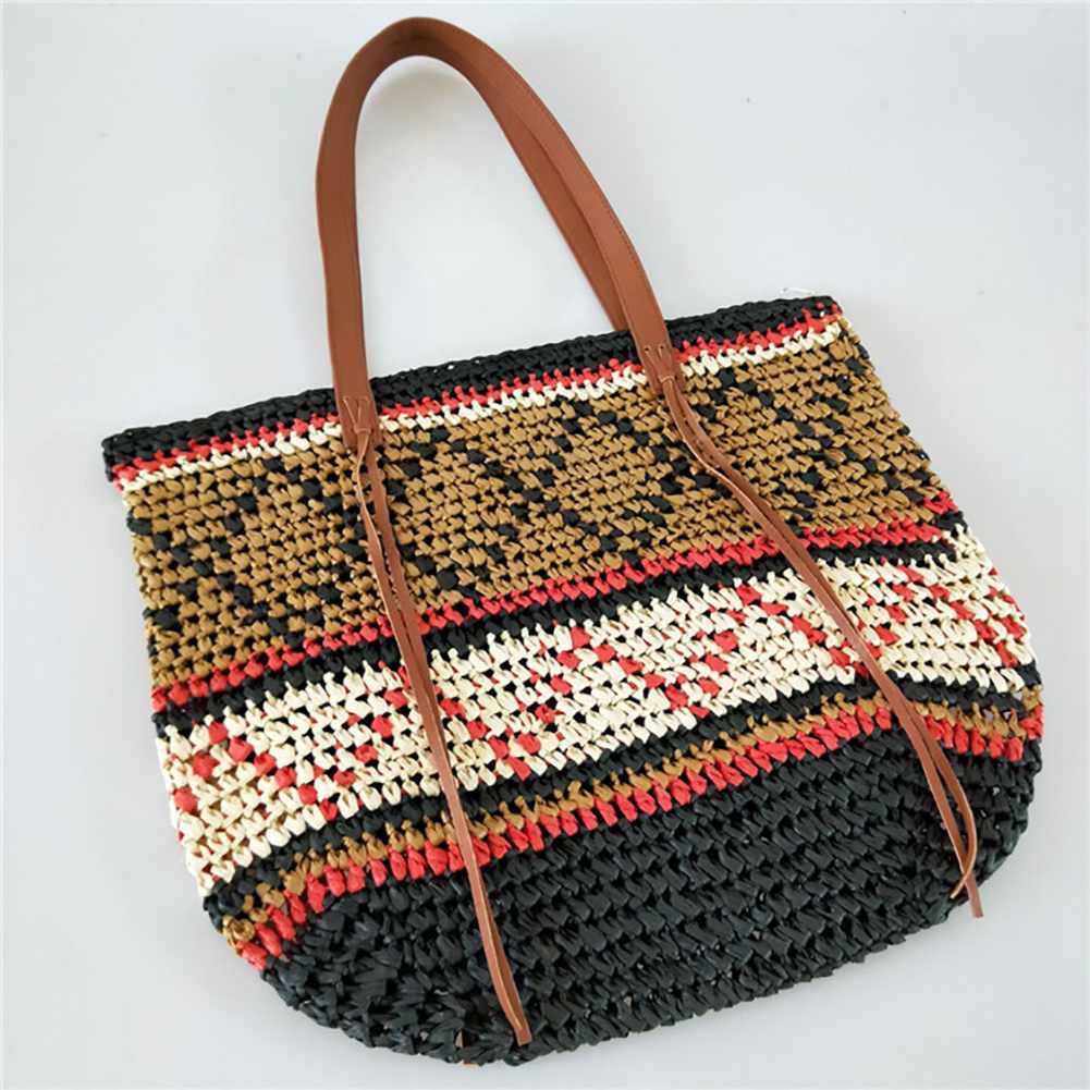 Geometric Pattern Straw Beach Bag Travel Vacation Shoulder Bag Fashion Handbag Handmade Woven Totes High Capacity Bags Fo - ebowsos