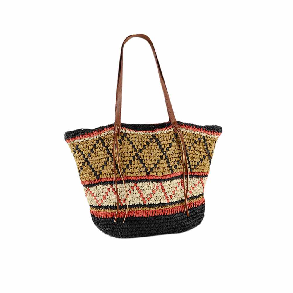 Geometric Pattern Straw Beach Bag Travel Vacation Shoulder Bag Fashion Handbag Handmade Woven Totes High Capacity Bags Fo - ebowsos