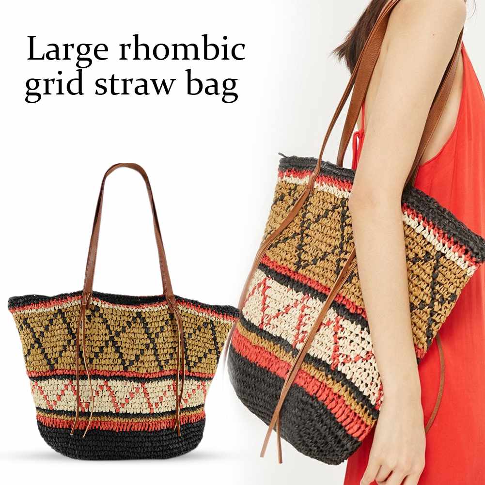 Geometric Pattern Straw Beach Bag Travel Vacation Shoulder Bag Fashion Handbag Handmade Woven Totes High Capacity Bags Fo - ebowsos