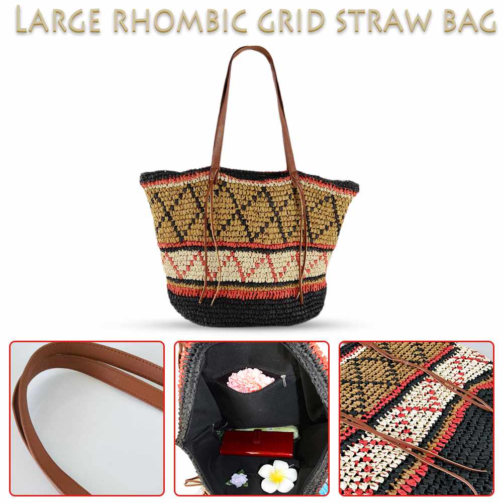 Geometric Pattern Straw Beach Bag Travel Vacation Shoulder Bag Fashion Handbag Handmade Woven Totes High Capacity Bags Fo - ebowsos