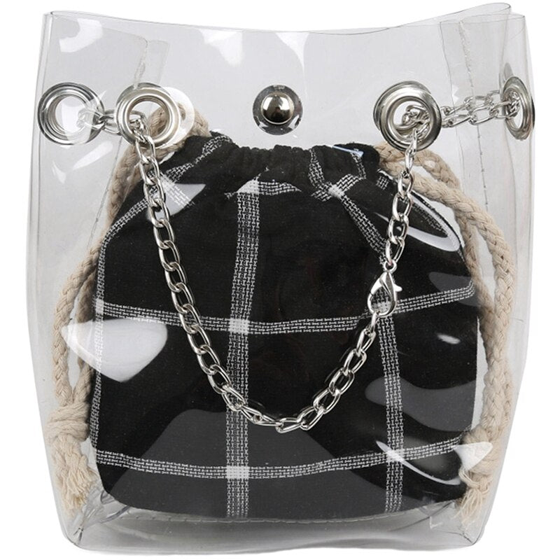 Girl Jelly Bag Fashion Plaid Bag Messenger Bag Small Fresh Shoulder Bag Chain Child Bucket Bag - ebowsos