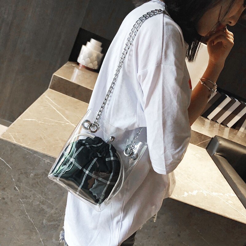 Girl Jelly Bag Fashion Plaid Bag Messenger Bag Small Fresh Shoulder Bag Chain Child Bucket Bag - ebowsos