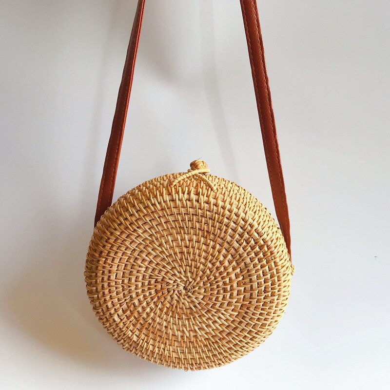 Gril Bag Handwoven Bali Round Retro Rattan Straw Beach Crossbody Bag Tops(B) - ebowsos