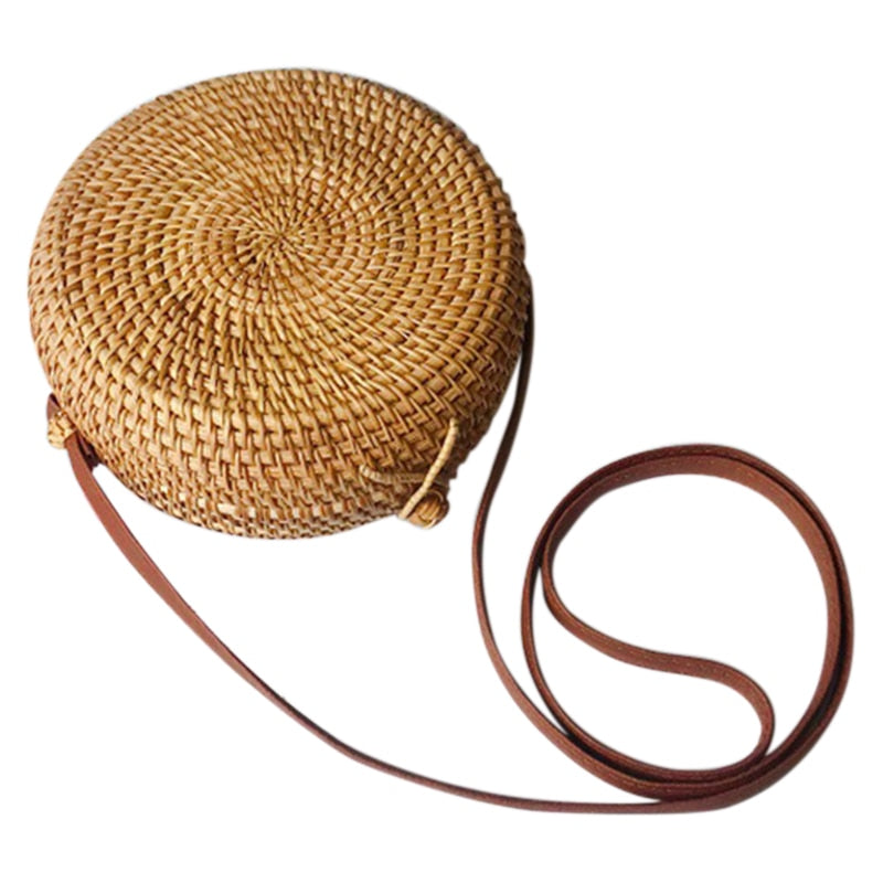 Gril Bag Handwoven Bali Round Retro Rattan Straw Beach Crossbody Bag Tops(B) - ebowsos