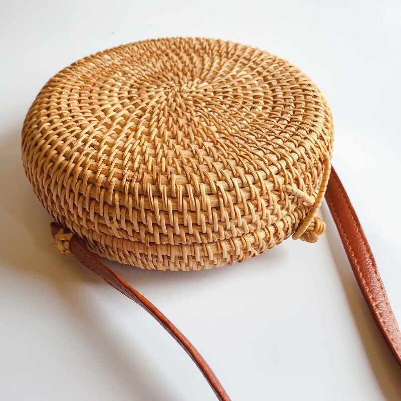 Gril Bag Handwoven Bali Round Retro Rattan Straw Beach Crossbody Bag Tops(B) - ebowsos