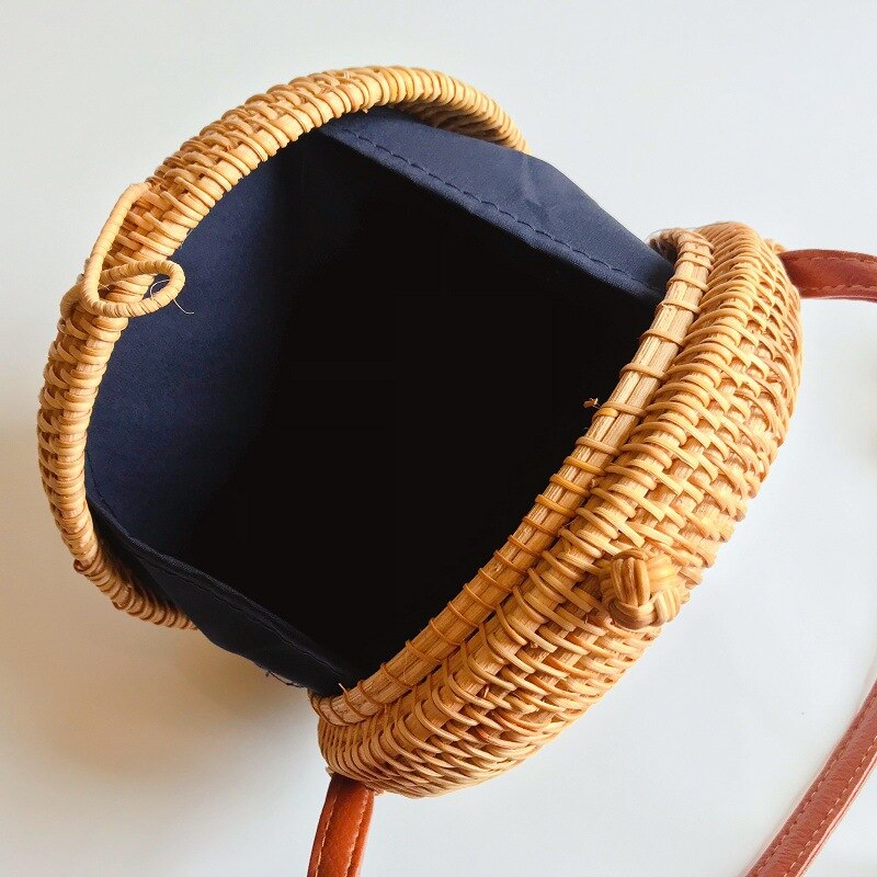 Gril Bag Handwoven Bali Round Retro Rattan Straw Beach Crossbody Bag Tops(B) - ebowsos