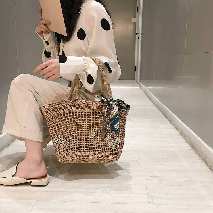 Hand-Woven Hollow Mesh Straw Tote Handbag With Synthetic Straw Rattan Bag Lightweight Natural Color Beach Style Hangbag - ebowsos