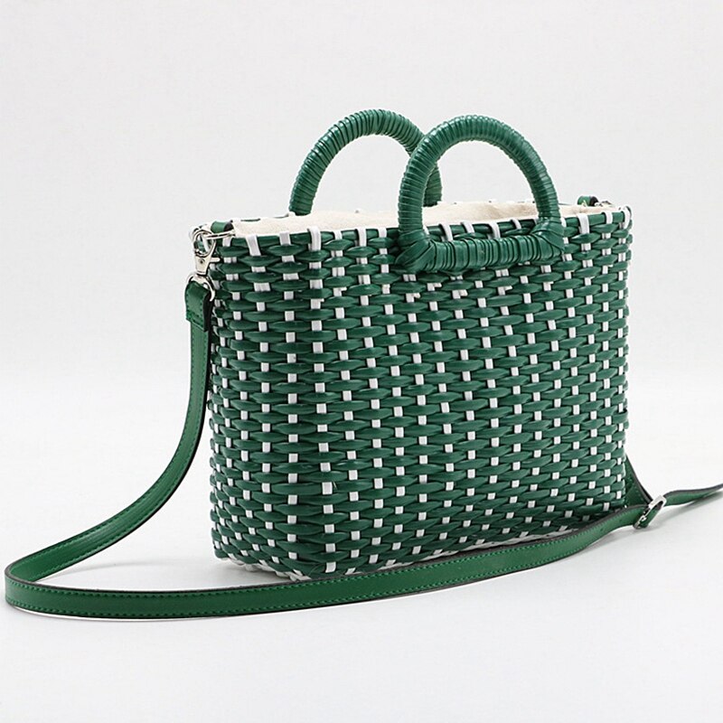 Hand-Woven Straw Bag Green White Color Beach Bag Rattan Shoulder Bag Ladies Messenger Bag Travel Bag - ebowsos