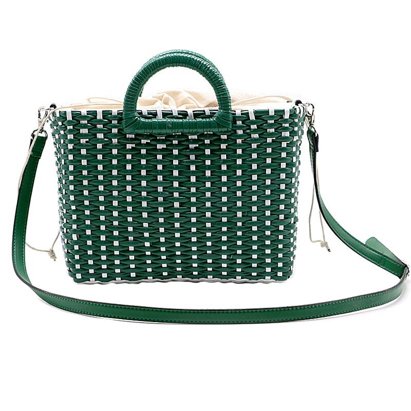 Hand-Woven Straw Bag Green White Color Beach Bag Rattan Shoulder Bag Ladies Messenger Bag Travel Bag - ebowsos