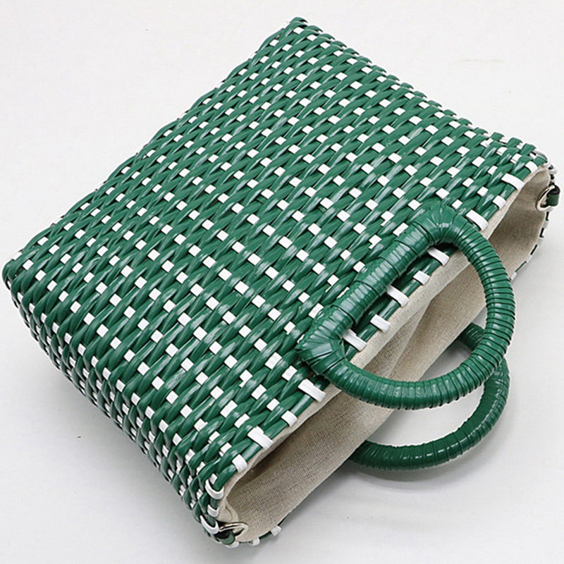 Hand-Woven Straw Bag Green White Color Beach Bag Rattan Shoulder Bag Ladies Messenger Bag Travel Bag - ebowsos