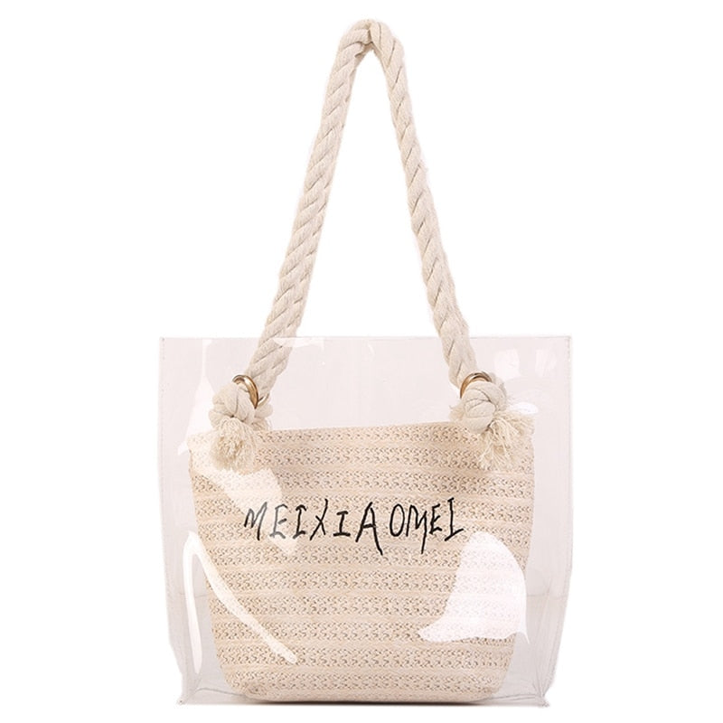 Handbag Women Fashion Simple Transparent Letter Large-Capacity Shoulder Bag Pure Color Straw - ebowsos