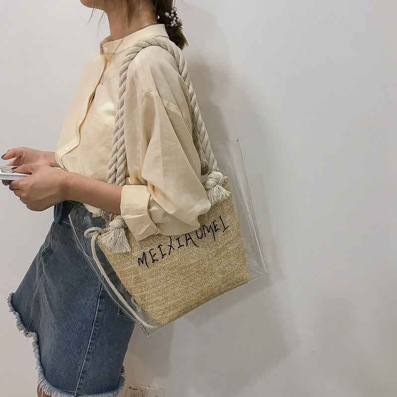 Handbag Women Fashion Simple Transparent Letter Large-Capacity Shoulder Bag Pure Color Straw - ebowsos