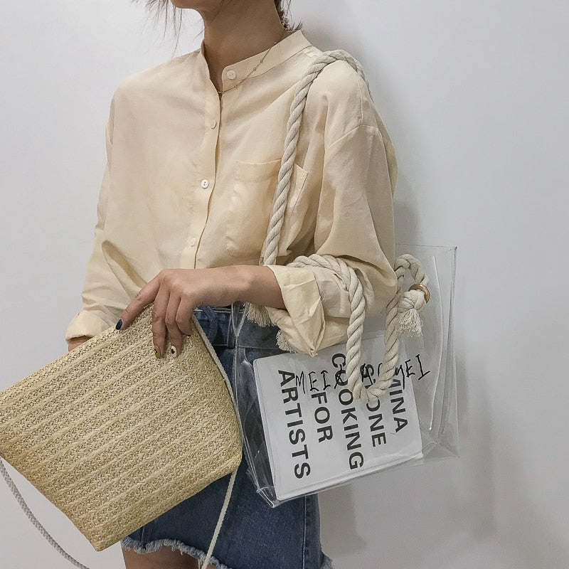 Handbag Women Fashion Simple Transparent Letter Large-Capacity Shoulder Bag Pure Color Straw - ebowsos