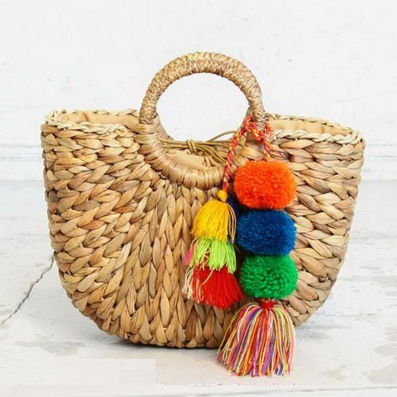 Handmade Bag Women Pompon Beach Weaving Ladies Straw Bag Wrapped Beach Bag Moon shaped Bag - ebowsos