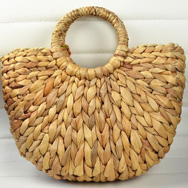 Handmade Bag Women Pompon Beach Weaving Ladies Straw Bag Wrapped Beach Bag Moon shaped Bag - ebowsos