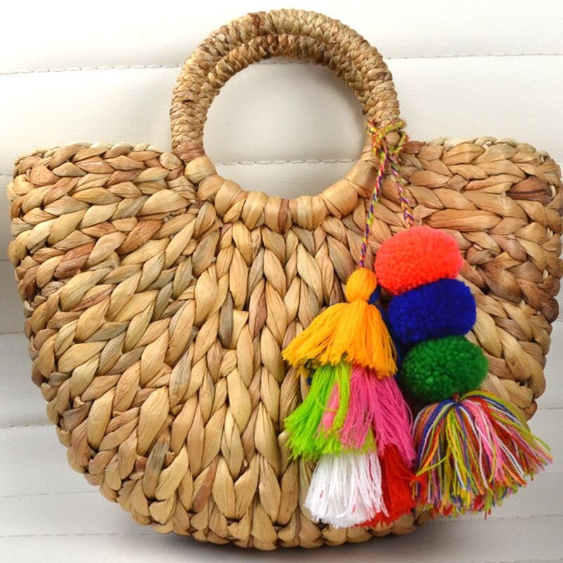 Handmade Bag Women Pompon Beach Weaving Ladies Straw Bag Wrapped Beach Bag Moon shaped Bag - ebowsos