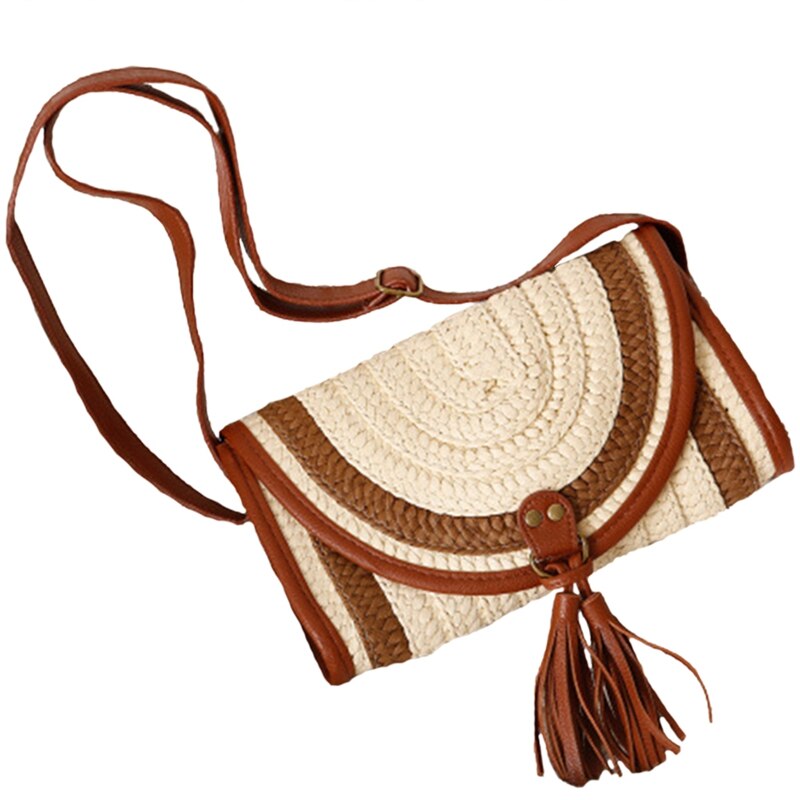 Handmade Bali Beach Bags Women Summer Island Straw Knitted Handbag Crossbody Wicker Bag Woven Flap Bag(Brown) - ebowsos