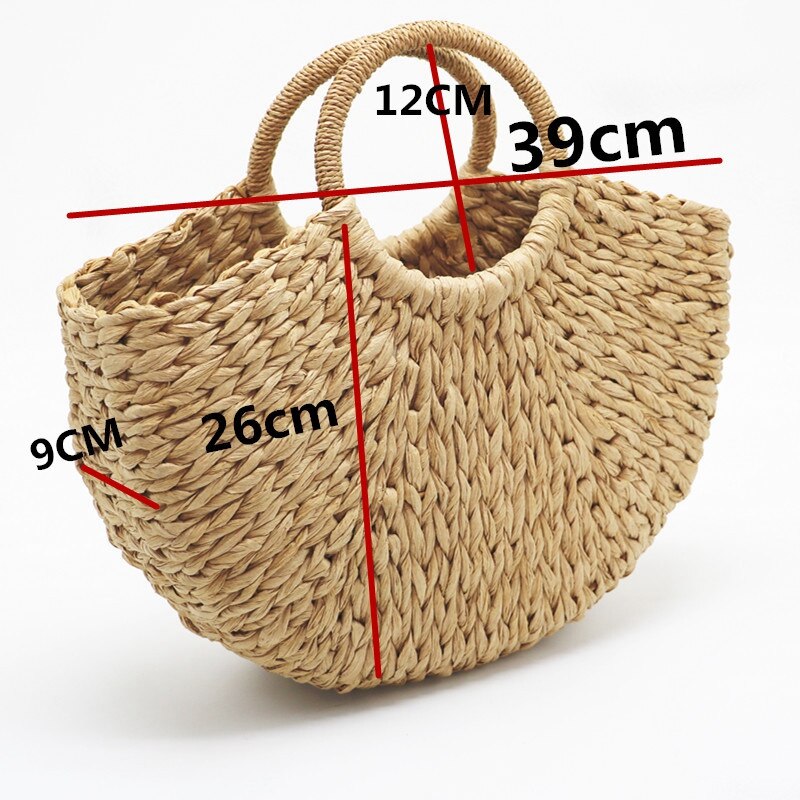 Handmade Beach Bag Round Straw Totes Bag Large Bucket Summer Bags Women Natural Basket Handbag - ebowsos