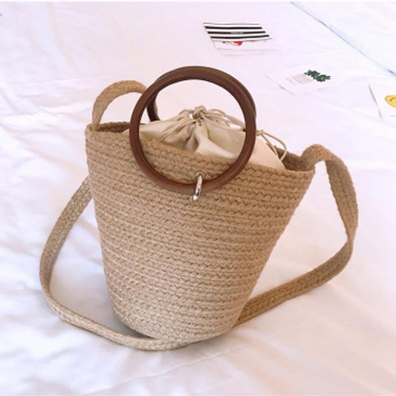 Handmade Cute Bucket Bag Straw Bags Beach Bags Bucket Holiday Braided Bags For Girls Bohemian Girls Woven Handbag - ebowsos