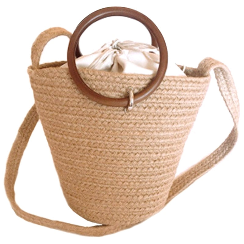 Handmade Cute Bucket Bag Straw Bags Beach Bags Bucket Holiday Braided Bags For Girls Bohemian Girls Woven Handbag - ebowsos