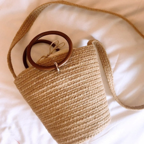 Handmade Cute Bucket Bag Straw Bags Beach Bags Bucket Holiday Braided Bags For Girls Bohemian Girls Woven Handbag - ebowsos