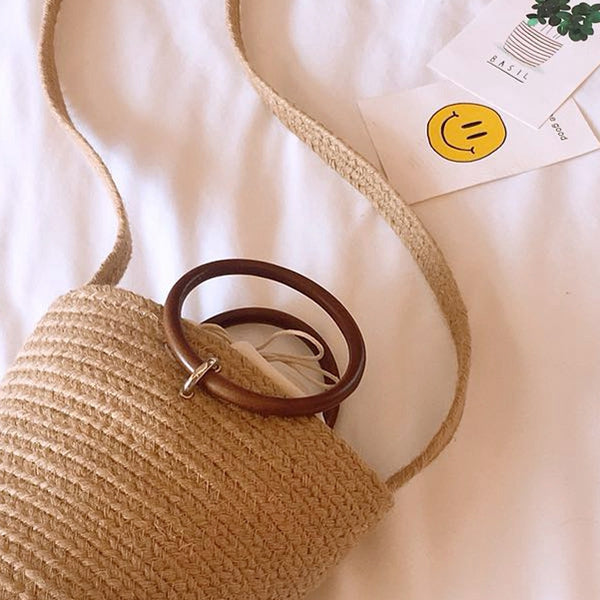 Handmade Cute Bucket Bag Straw Bags Beach Bags Bucket Holiday Braided Bags For Girls Bohemian Girls Woven Handbag - ebowsos