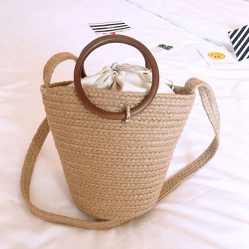 Handmade Cute Bucket Bag Straw Bags Beach Bags Bucket Holiday Braided Bags For Girls Bohemian Girls Woven Handbag - ebowsos