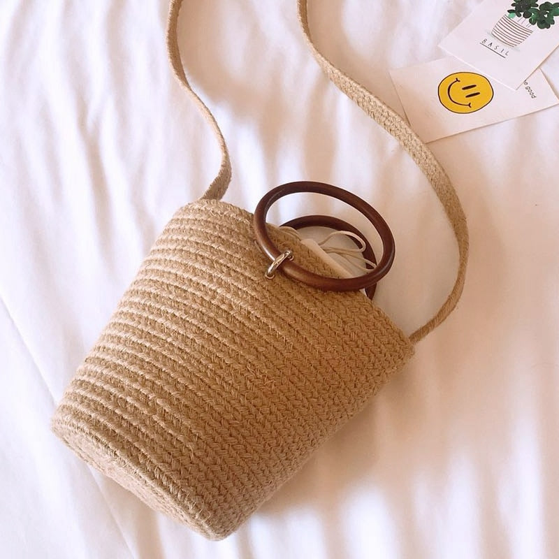 Handmade Cute Bucket Bag Straw Bags Beach Bags Bucket Holiday Braided Bags For Girls Bohemian Girls Woven Handbag - ebowsos