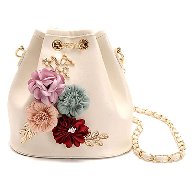 Handmade Flowers Bucket Bags Mini Shoulder Bags With Chain Drawstring Small Cross Body Bags Pearl Bags Leaves Decals - ebowsos