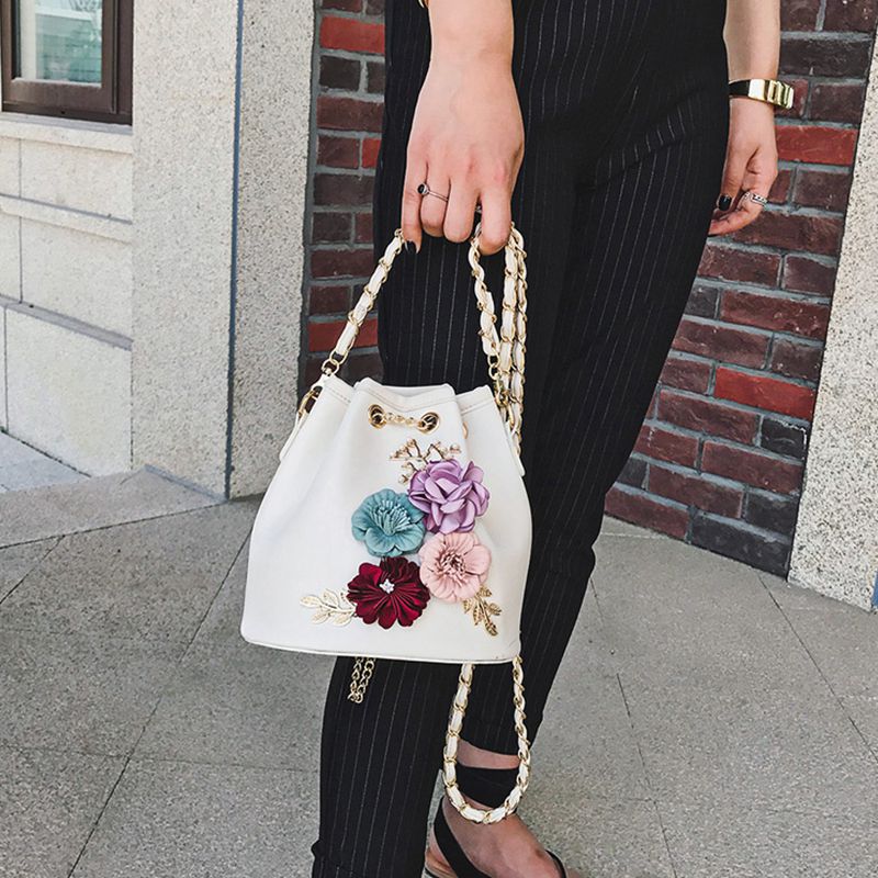 Handmade Flowers Bucket Bags Mini Shoulder Bags With Chain Drawstring Small Cross Body Bags Pearl Bags Leaves Decals - ebowsos