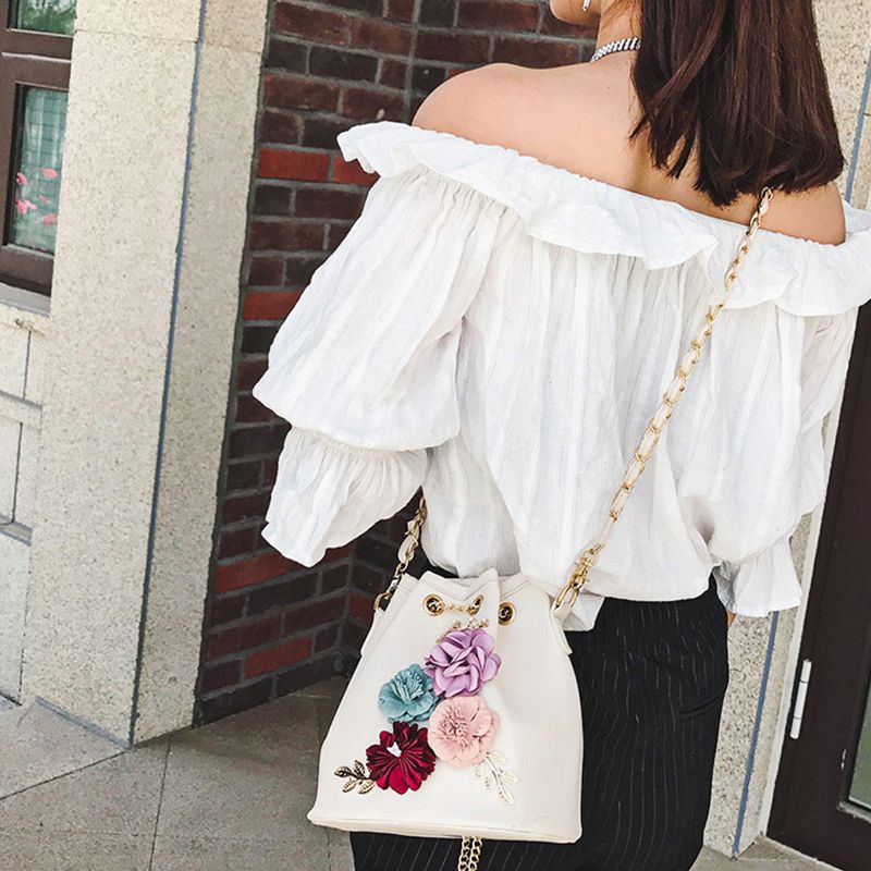 Handmade Flowers Bucket Bags Mini Shoulder Bags With Chain Drawstring Small Cross Body Bags Pearl Bags Leaves Decals - ebowsos