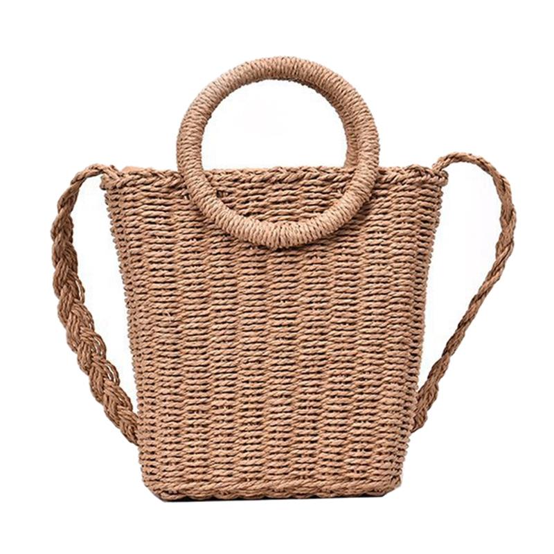 Handmade Handbag Straw Bag Crossbody Woven Bag Beach Bag Khaki - ebowsos